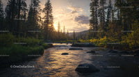 Sunset Over Serene Forest Stream with Lush Greenery