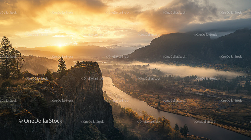 Spectacular Sunrise Over Foggy Mountain Valley
