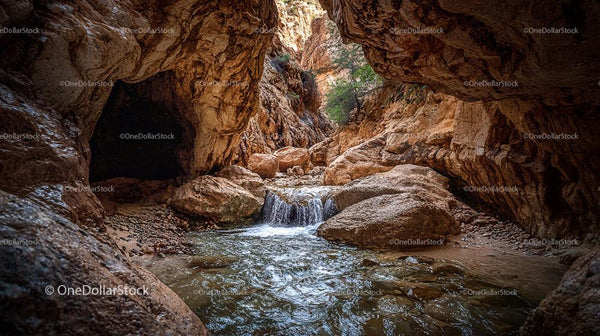 Majestic Canyon with Flowing Waterfall and Rocky Formations
