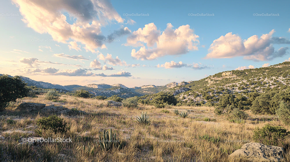 Serene Grassland Landscape with Rolling Hills and Blue Sky