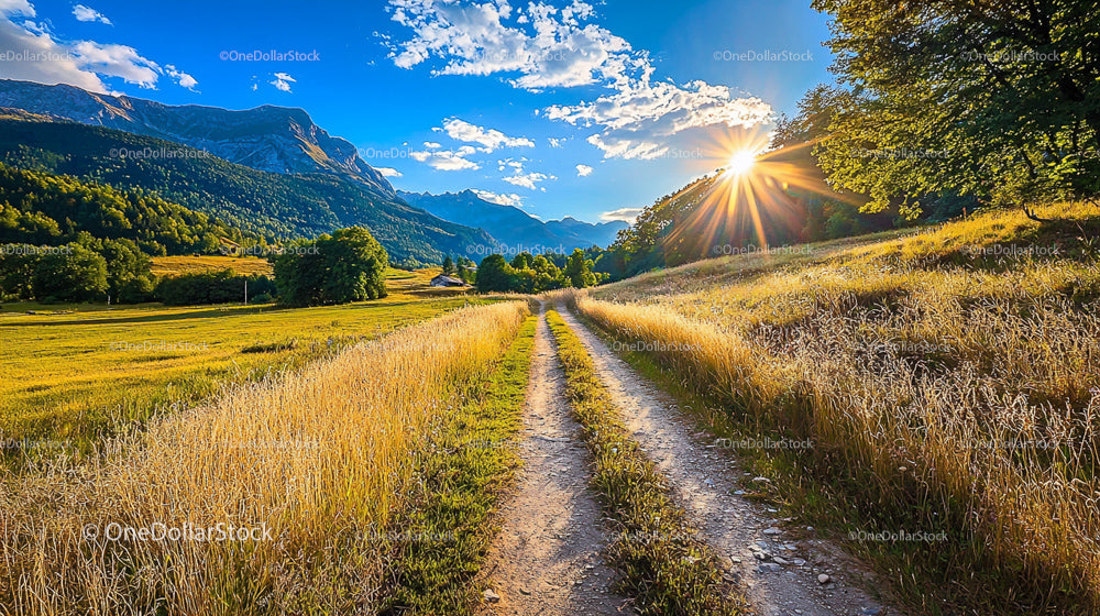 Stunning Mountain Landscape with Golden Sunset and Scenic Path