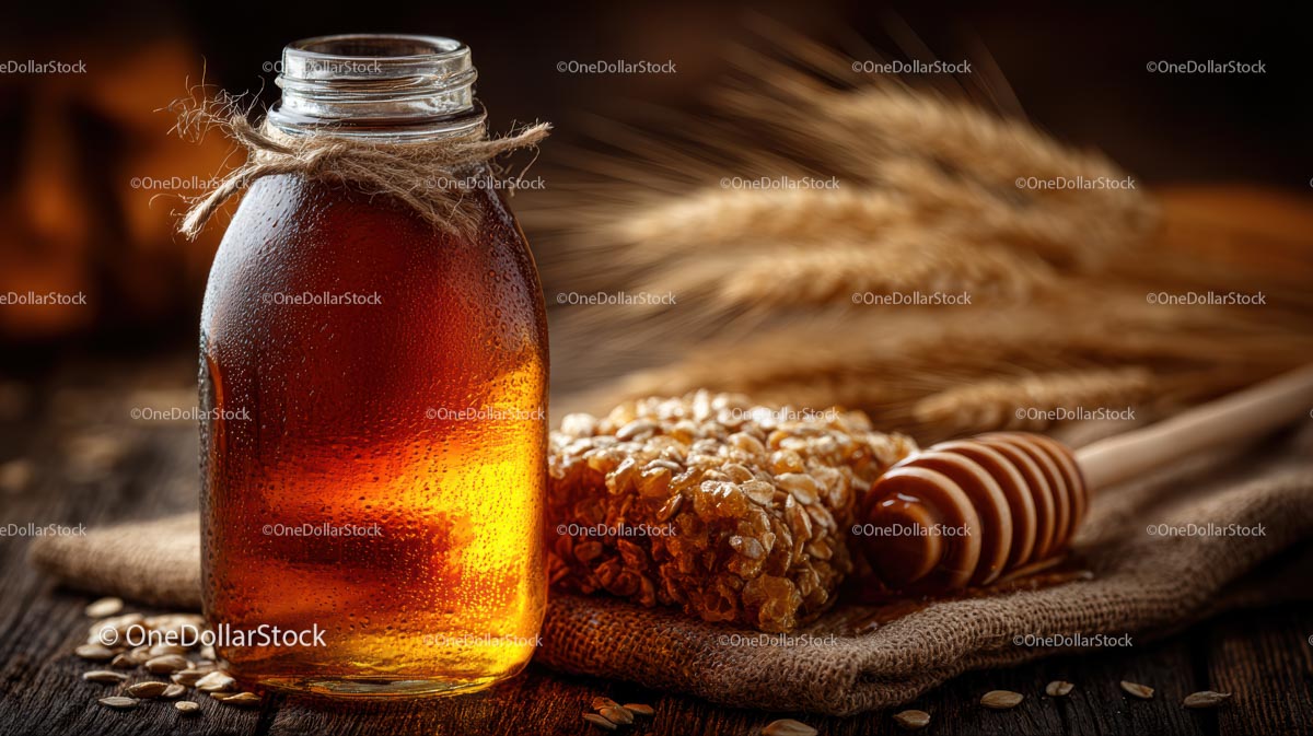 Honey Jar with Honeycomb and Wheat in Rustic Setting