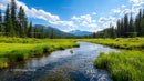 Scenic Mountain River Flowing Through Evergreen Forest