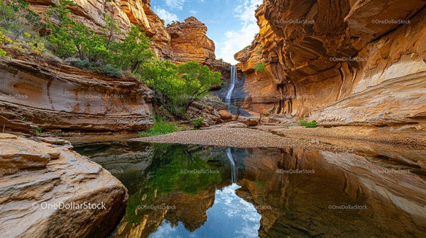 Tranquil Canyon Waterfall with Reflective Pool