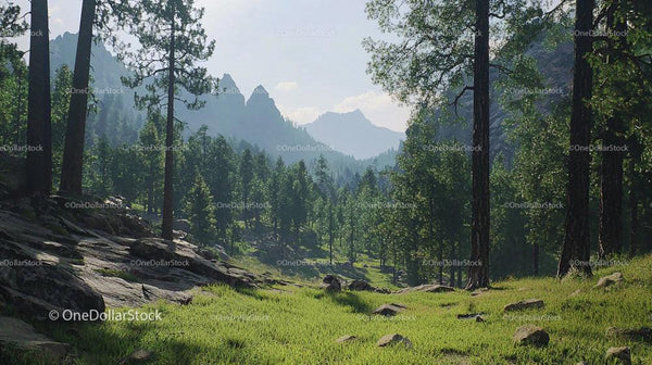 Tranquil Mountain Valley with Lush Pine Forest