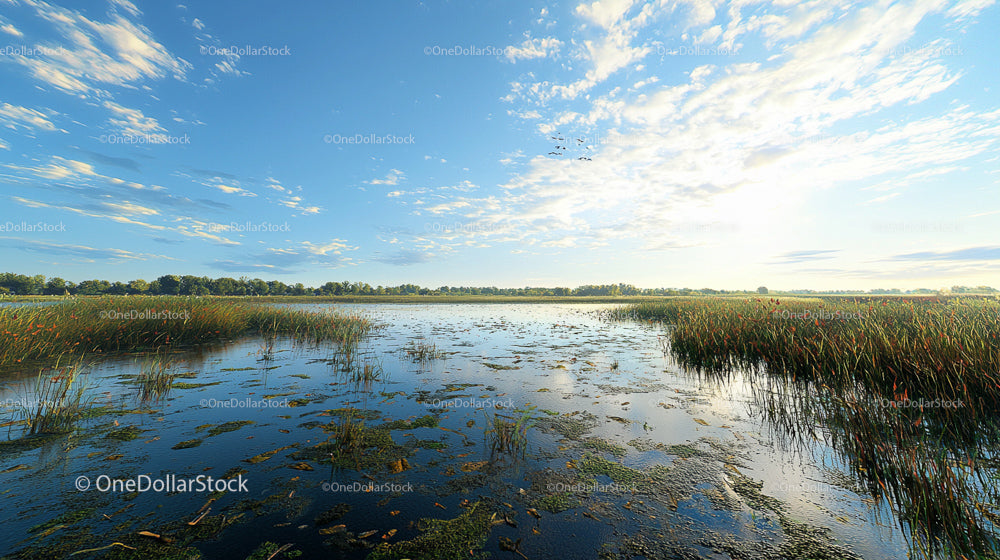 Peaceful Lake with Reeds and Reflections Under Blue Sky