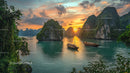 Scenic Sunset Among Limestone Islands with Boats