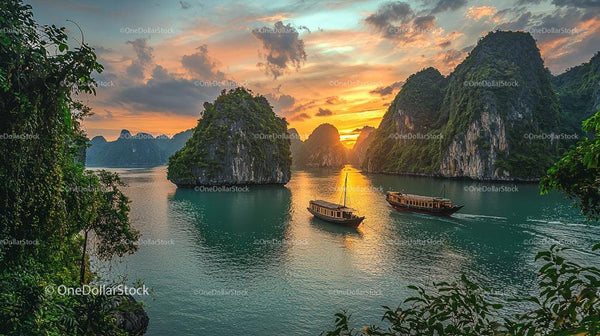 Scenic Sunset Among Limestone Islands with Boats