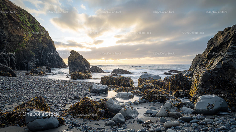 Sunset Over Rugged Rocky Coastline with Serene Ocean View
