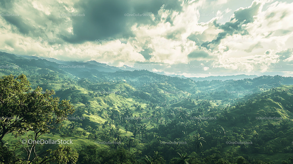 Lush Green Landscape with Rolling Hills and Dramatic Clouds