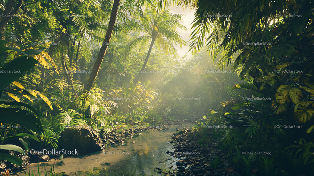 Lush Tropical Forest with Sunlit Jungle Stream