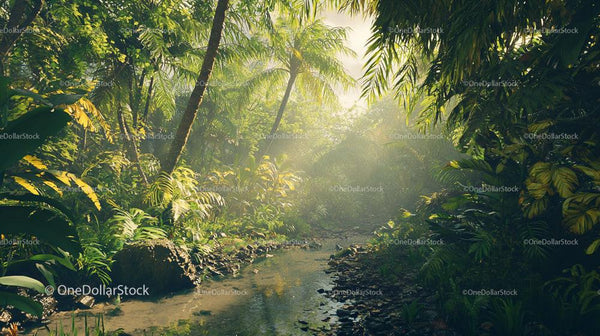 Lush Tropical Forest with Sunlit Jungle Stream