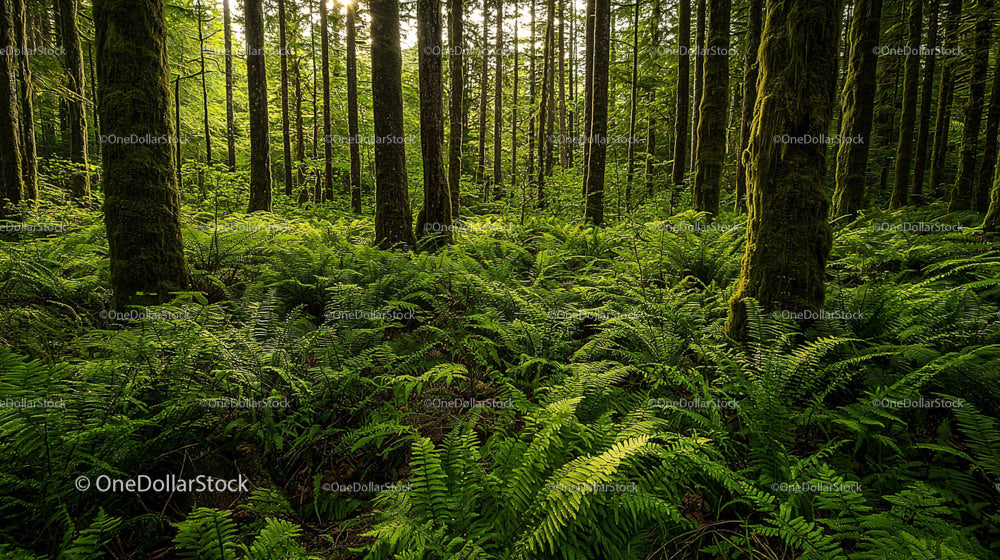 Lush Green Forest with Ferns and Tall Trees