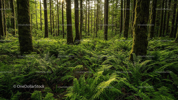 Lush Green Forest with Ferns and Tall Trees