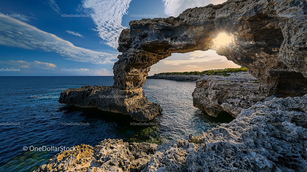 Dramatic Rock Arch Overlooking a Calm Blue Ocean
