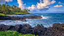 Tropical Paradise Beach with Volcanic Rocks and Palm Trees