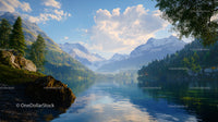 Serene Mountain Lake with Snow-Capped Peaks and Forest Trees