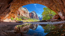 Breathtaking Arch View with Reflected Mountains and Clear Sky