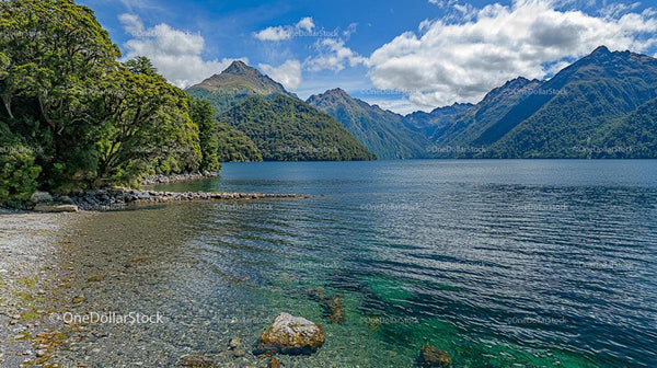 Tranquil Lake Surrounded by Majestic Mountains and Lush Forest