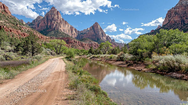 Scenic Mountain Landscape with River and Dirt Road