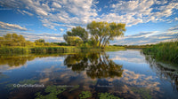Serene River with Willow Trees and Reflected Clouds