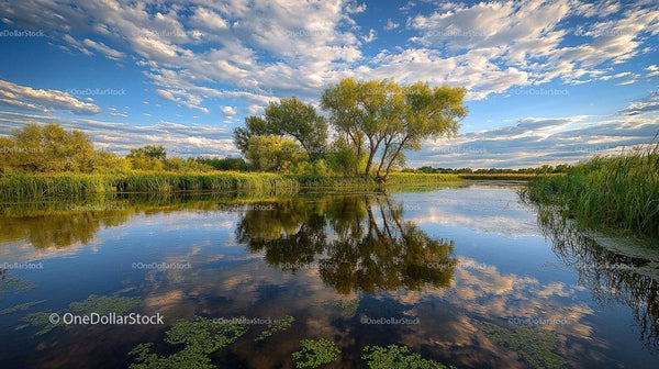 Serene River with Willow Trees and Reflected Clouds