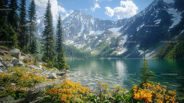 Tranquil Alpine Lake with Blooming Wildflowers and Majestic Peaks