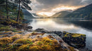 Misty Mountain Lake at Sunset with Peaceful Reflections