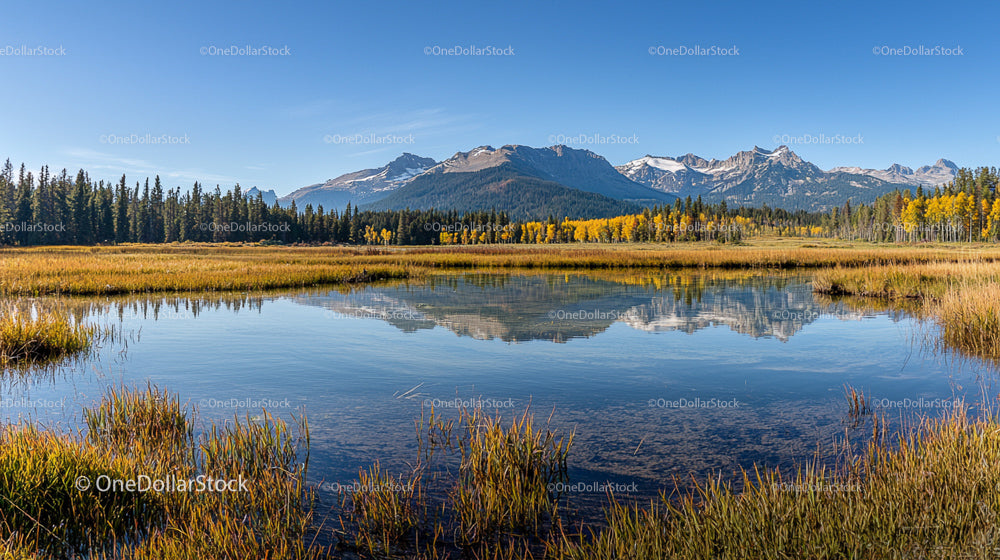 Serene Lake with Snowcapped Mountains and Autumn Foliage