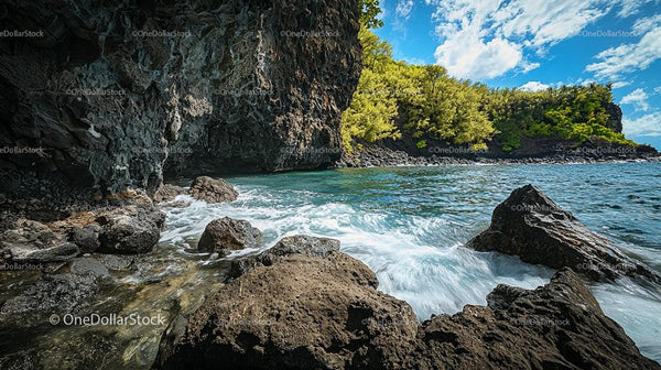 Rocky Cliff and Lush Greenery by Turquoise Ocean Waves