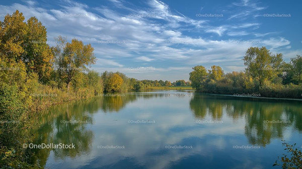 Serene Lake with Reflective Water and Autumn Foliage