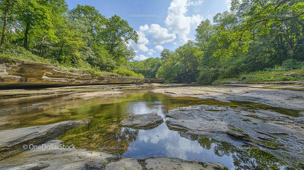 Serene River Flowing Through Lush Green Forest in Summer