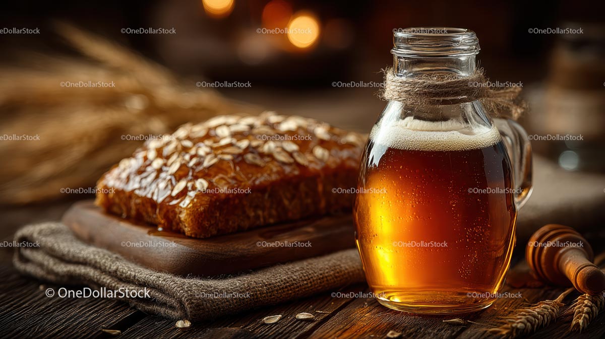 Rustic Bread with Honey Jar on Wooden Table