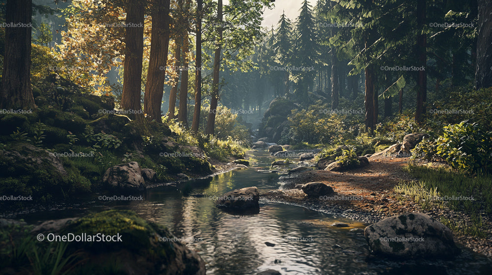 Tranquil Forest Stream with Sunlit Trees