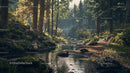 Tranquil Forest Stream with Sunlit Trees