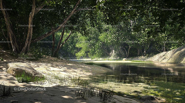Tranquil River Flowing Through Lush Green Forest Landscape