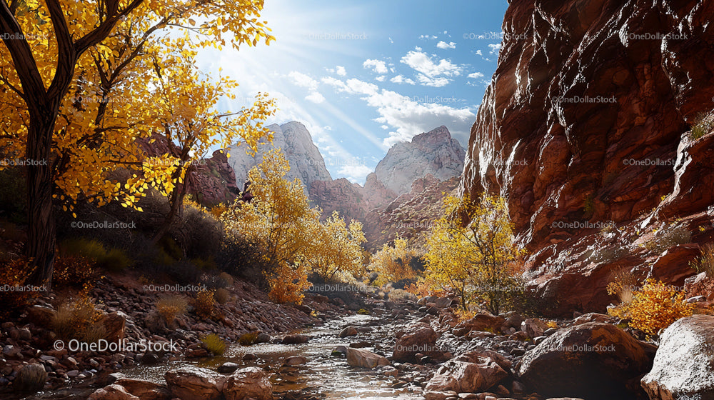 Golden Autumn Trees in a Sunlit Rocky Canyon
