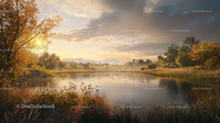 Peaceful Autumn Lake at Sunrise with Misty Horizon