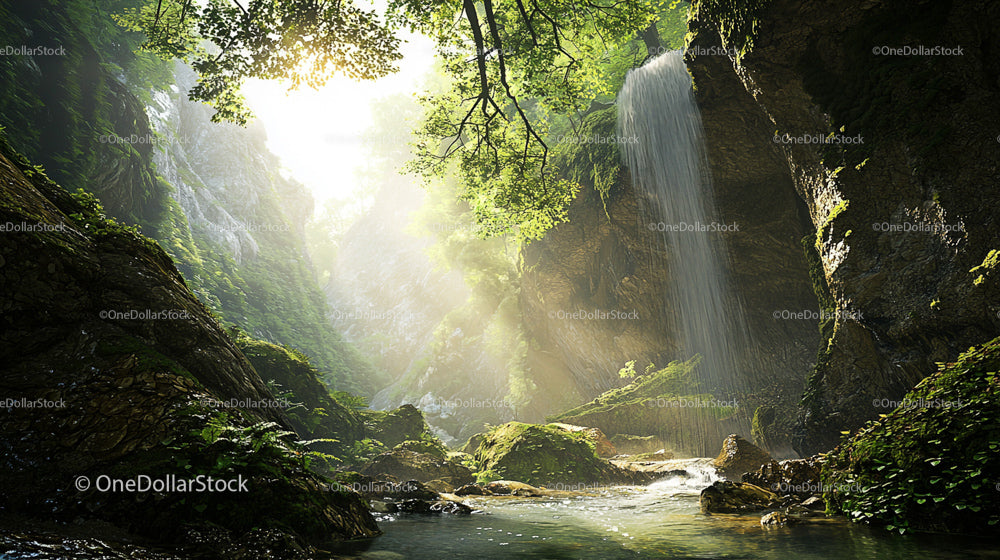 Sunlit Waterfall with Lush Greenery in Serene Forest