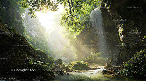 Sunlit Waterfall with Lush Greenery in Serene Forest