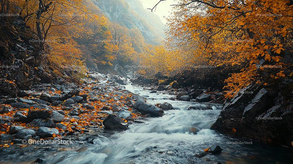 Tranquil Autumn River with Vibrant Golden Leaves