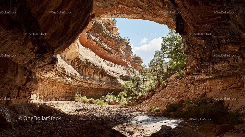 Sunlit Cave Entrance with Rugged Sandstone Walls
