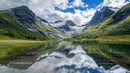 Scenic Mountain Lake with Snow-Capped Peaks and Lush Greenery