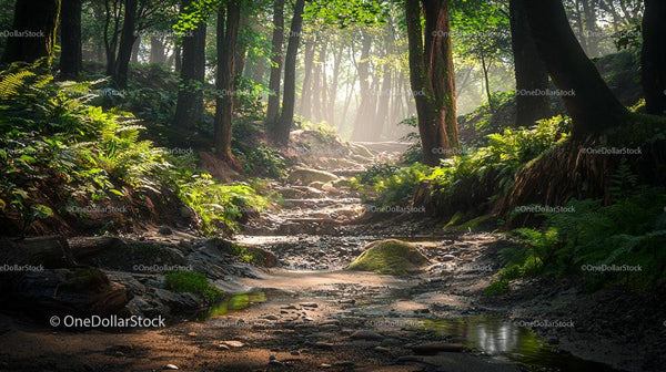 Sunlit Forest Path with Lush Greenery and Ferns
