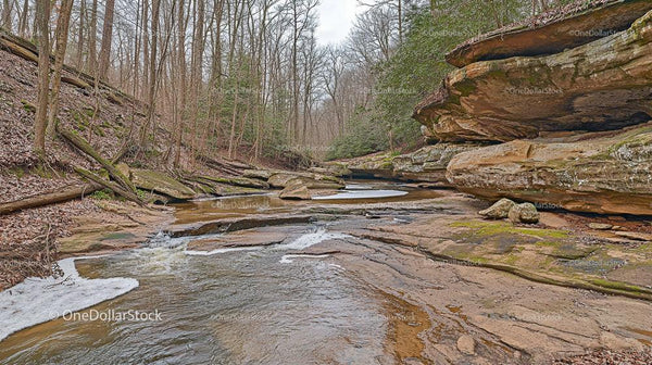 Rocky Stream in Winter Forest with Sandstone Formations