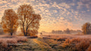 Misty Autumn Sunrise with Frosty Field and Golden Trees
