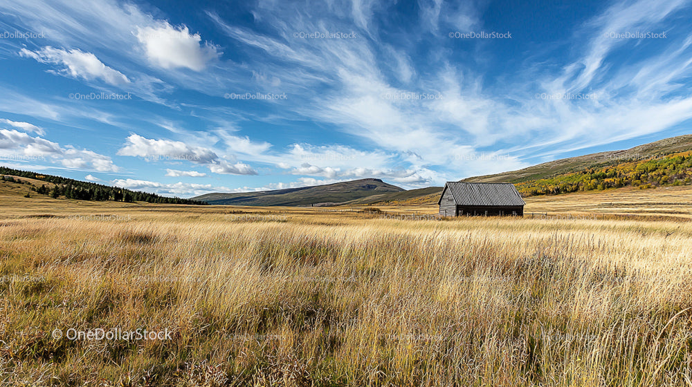 Rustic Barn in Open Field Under Blue Autumn Sky