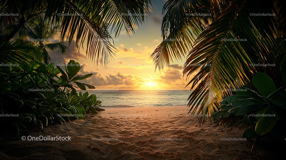 Zachód słońca na plaży Tropical Paradise z palmami i widokiem na ocean