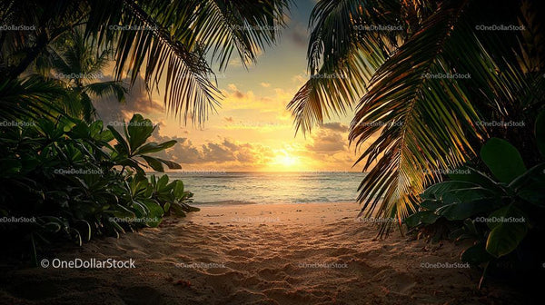 Tropical Paradise Beach Sunset with Palms and Ocean View