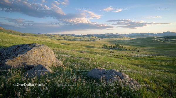 Scenic View of Rolling Hills and Greenery at Sunset